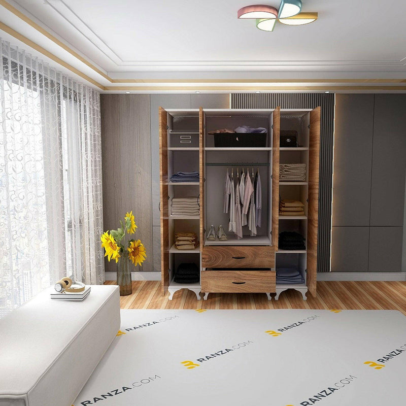 Ranzacom Elbise Dolabı, 4 Kapaklı 2 Çekmeceli 11 Raflı 1 Askılı , Beyaz Gövde Ahşap Kapak