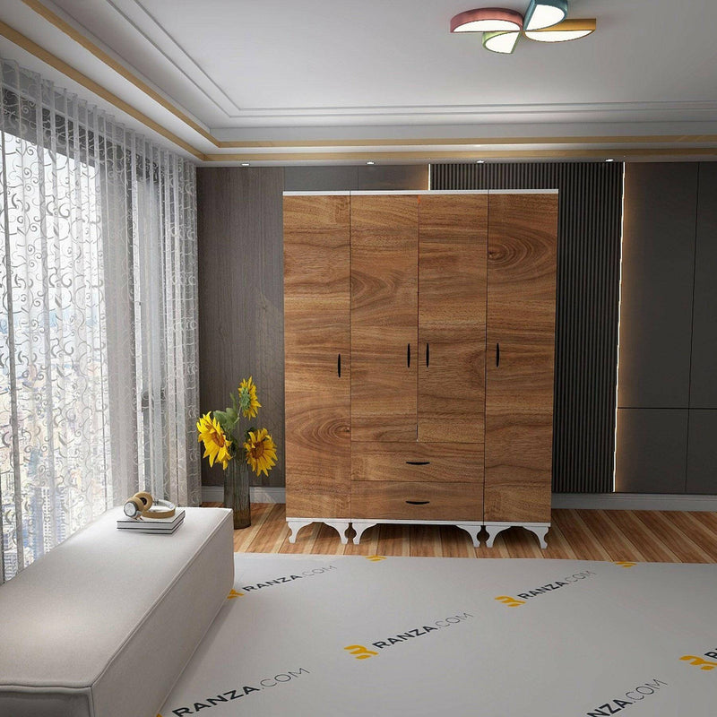 Ranzacom Elbise Dolabı, 4 Kapaklı 2 Çekmeceli 11 Raflı 1 Askılı , Beyaz Gövde Ahşap Kapak