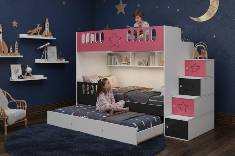 Komple MDF, Çelik Destekli, Astra Yavrulu Ranza, Pembe - Antrasit