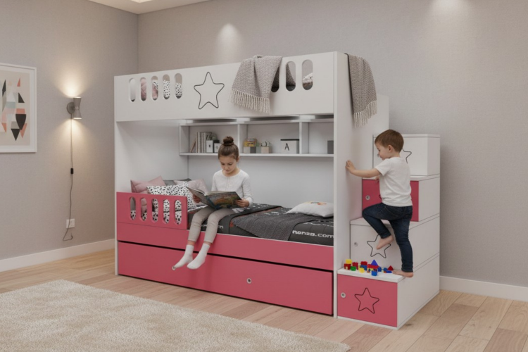 Komple MDF, Çelik Destekli, Astra Yavrulu Ranza, Pembe Beyaz