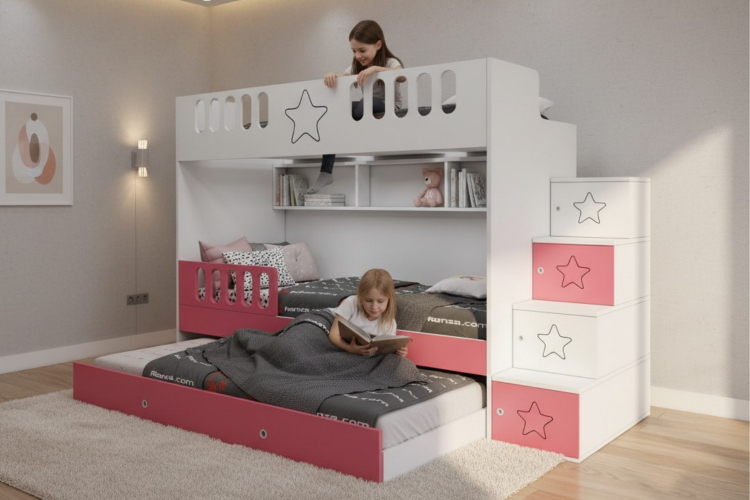 Komple MDF, Çelik Destekli, Astra Yavrulu Ranza, Pembe Beyaz