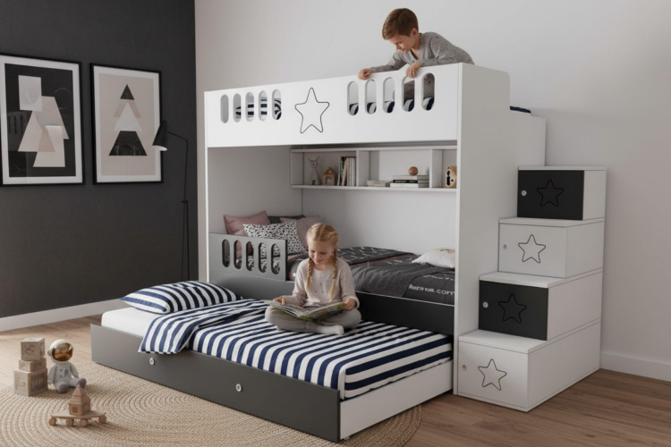 Komple MDF, Çelik Destekli, Astra Yavrulu Ranza, Antrasit Gri - Beyaz